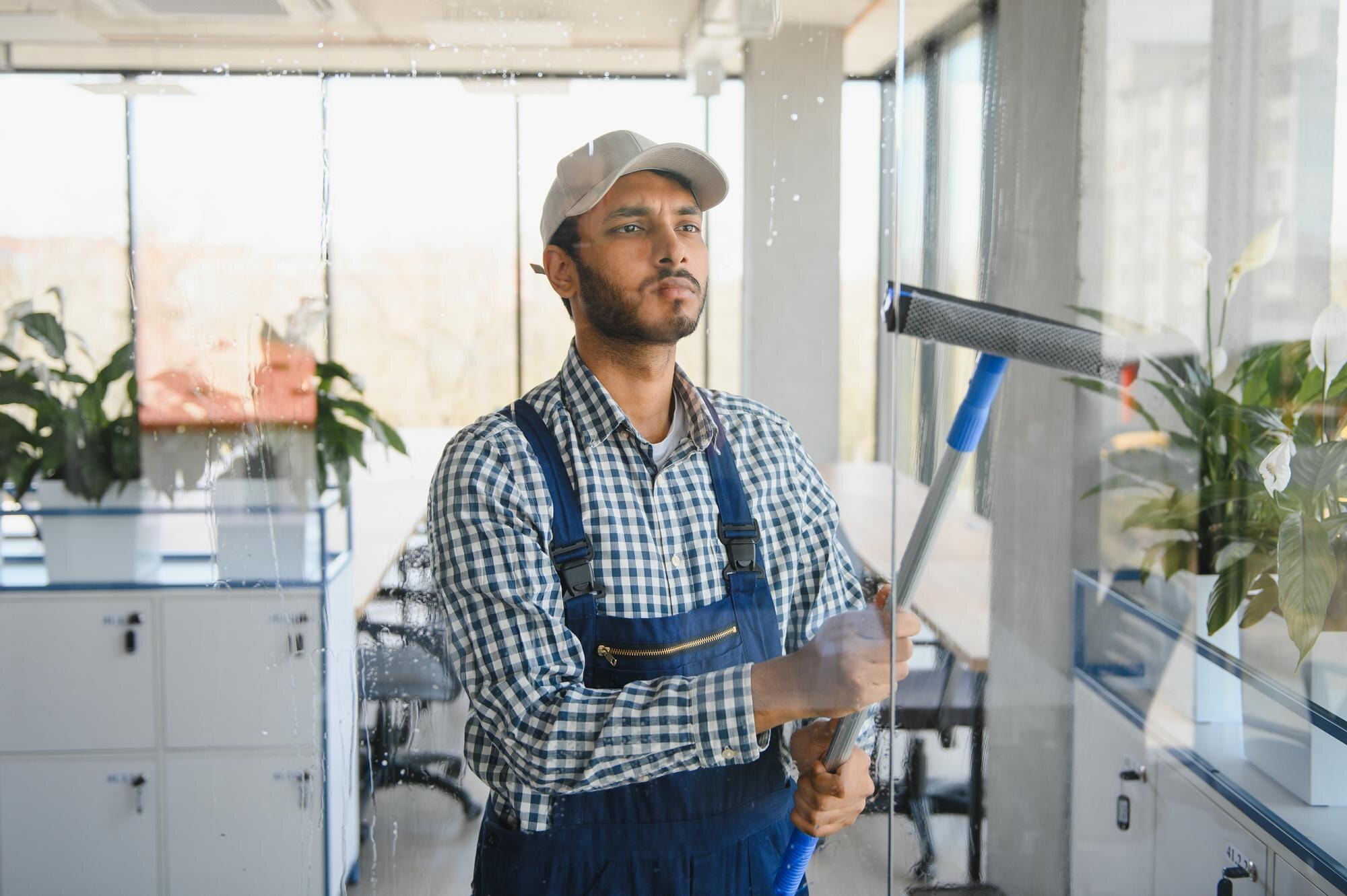 indian male professional cleaning service worker cleans windows shop windows store with special equi